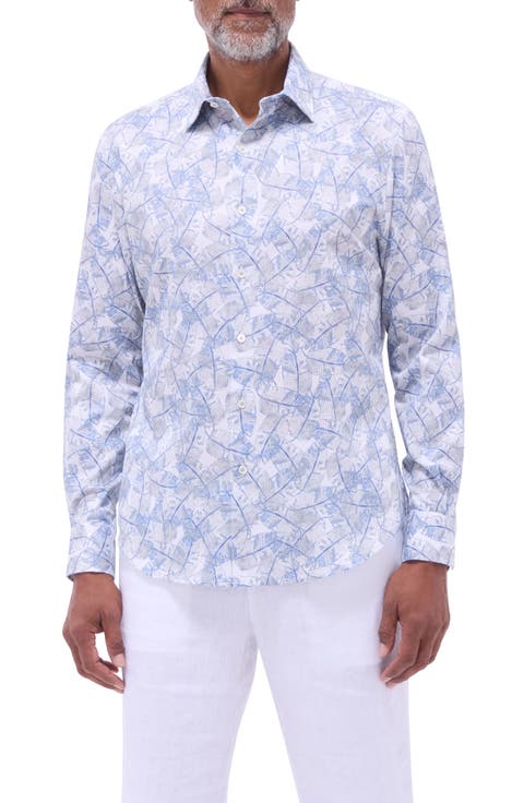 Julian Shaped Fit Leaf Print Stretch Cotton Button-Up Shirt