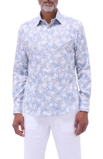 Bugatchi Julian Shaped Fit Leaf Print Stretch Cotton Button-up Shirt In Blue