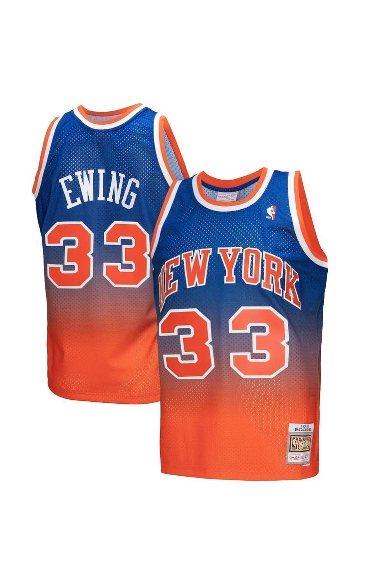 Men's Mitchell & Ness Patrick Ewing Orange/Royal New York Knicks 1991/92 Hardwood Classics Fadeaway Swingman Player Jersey, Main, color, Orange