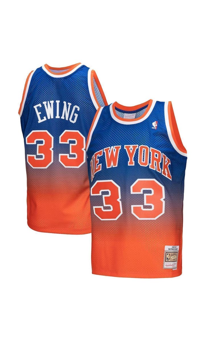 Mitchell & Ness Men's Mitchell & Ness Patrick Ewing Orange/Royal New York Knicks 1991/92 Hardwood Classics Fadeaway Swingman Player Jersey, Main, color, Orange