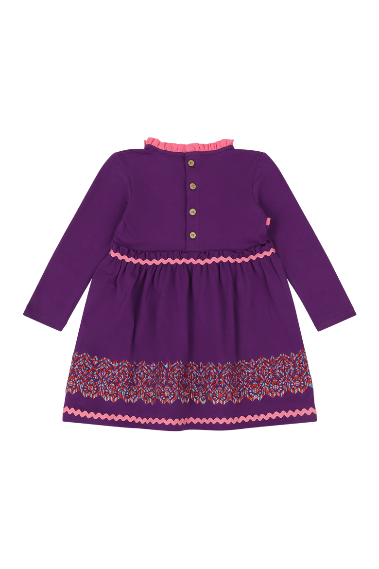 Girls Long Sleeve Ruffle Trim Dress, Alternate, color, Purple Multicolor