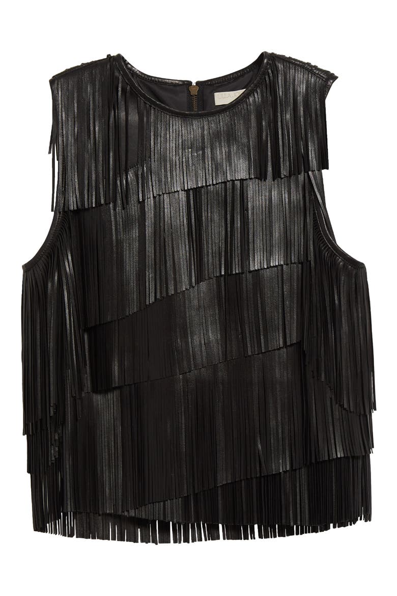 Leonie Leather Fringe Tank, Alternate, color, NOIR