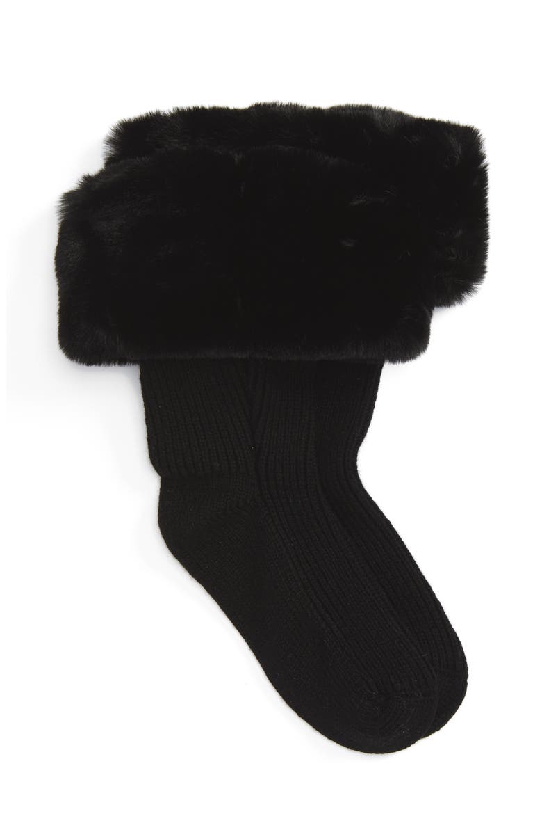 Rain Boot Socks with Faux Fur Cuff, Main, color, BLACK WOOL