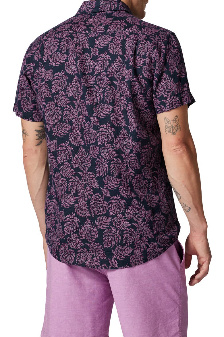 Yelverton Sport Fit Frond Print Short Sleeve Linen Button-Up Shirt, Alternate, color, DEEP SEA