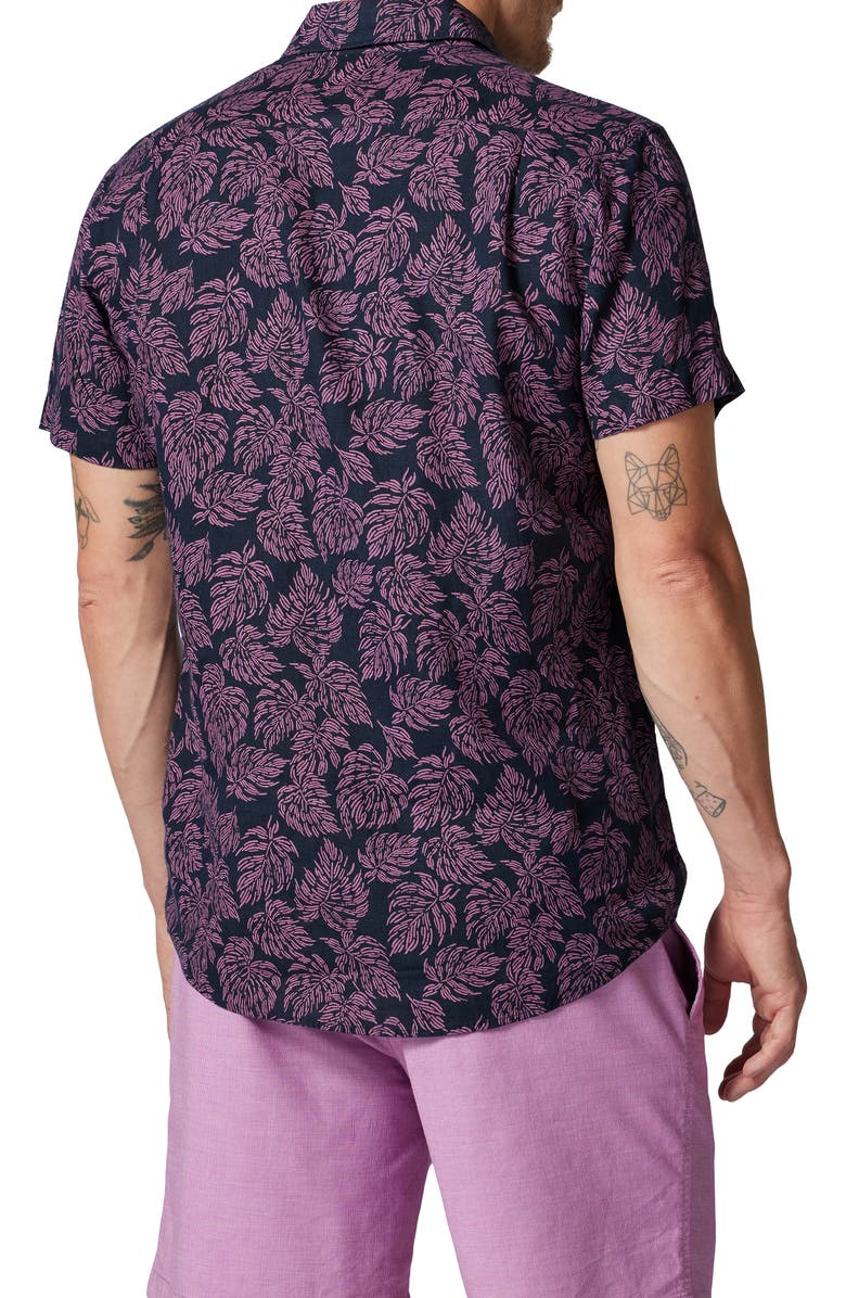 Rodd & Gunn Yelverton Sport Fit Frond Print Short Sleeve Linen Button-Up Shirt, Alternate, color, Deep Sea