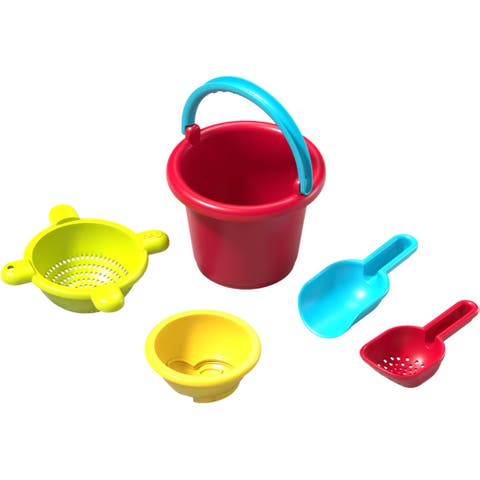 Sand Toys Basic Set - 5 Piece Bundle with Plastic Pail, Sieve, Mold, Scoop and Sifting Shovel Sized just for Toddlers Ages 18 Months +
