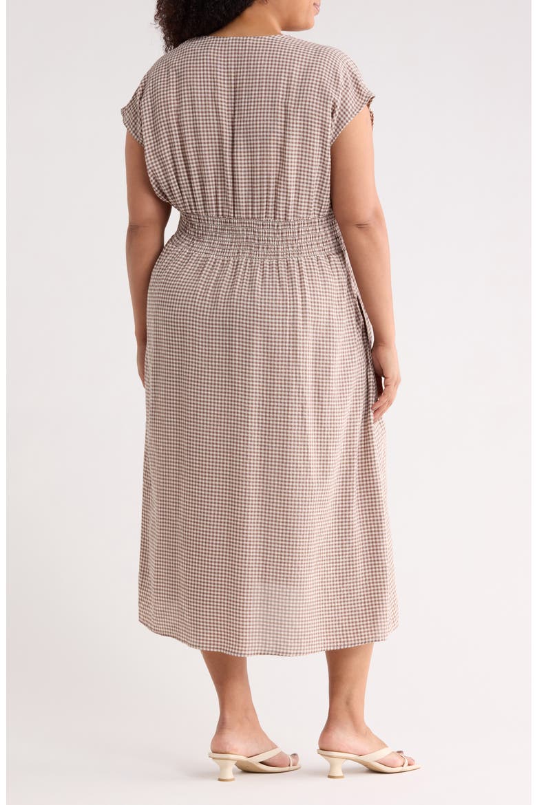 Gingham Cap Sleeve Cotton Blend Midi Dress, Alternate, color, TAUPE/ CREAM