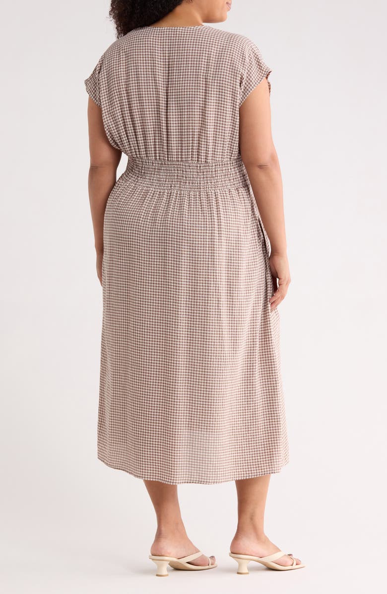 MAX STUDIO Gingham Cap Sleeve Cotton Blend Midi Dress, Alternate, color, Taupe/ Cream