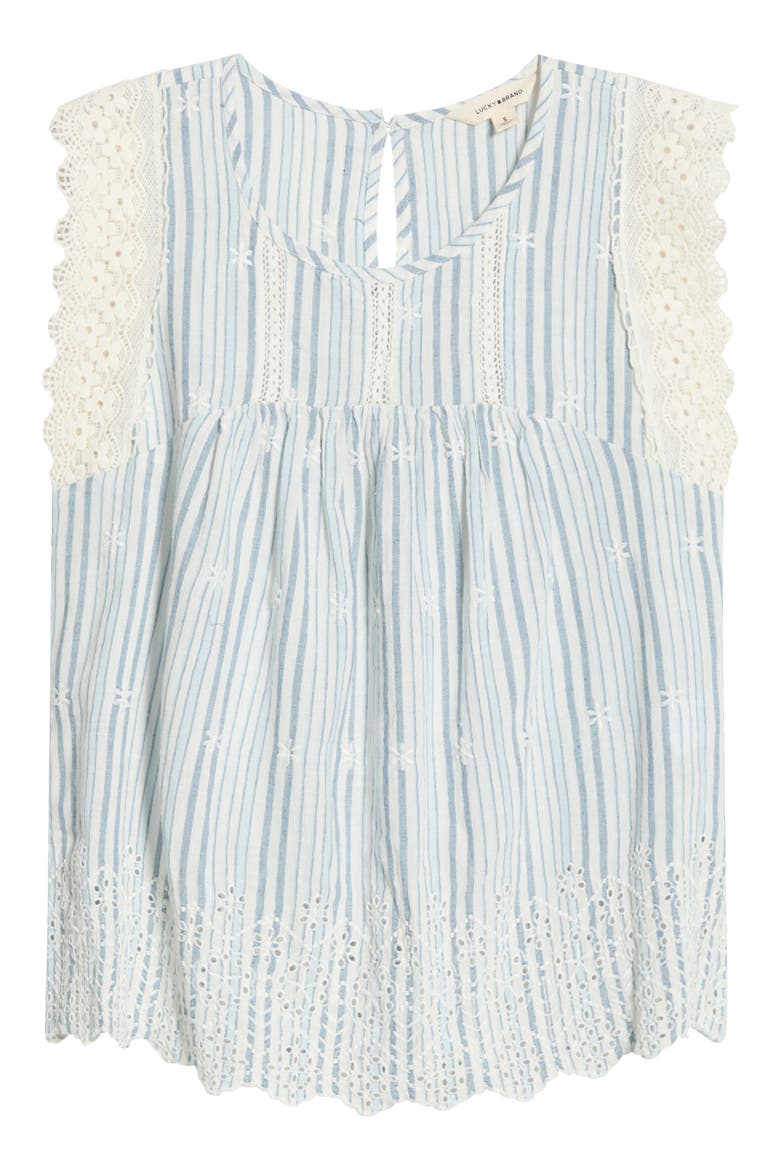 Lace & Embroidery Detail Stripe Cotton & Linen Top, Alternate, color, BLUE STRIPE