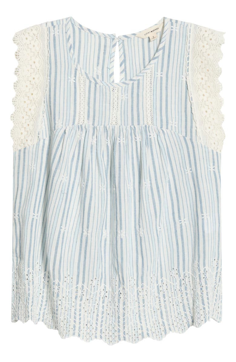Lucky Brand Lace & Embroidery Detail Stripe Cotton & Linen Top, Main, color, Blue Stripe