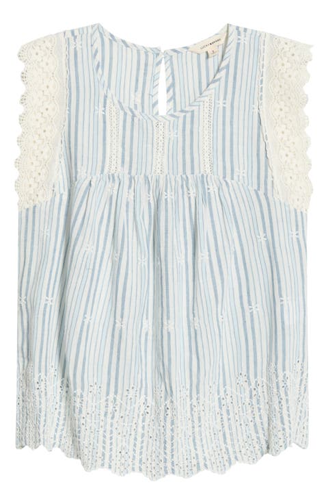 Lace & Embroidery Detail Stripe Cotton & Linen Top