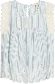 Lucky Brand Lace & Embroidery Detail Stripe Cotton & Linen Top