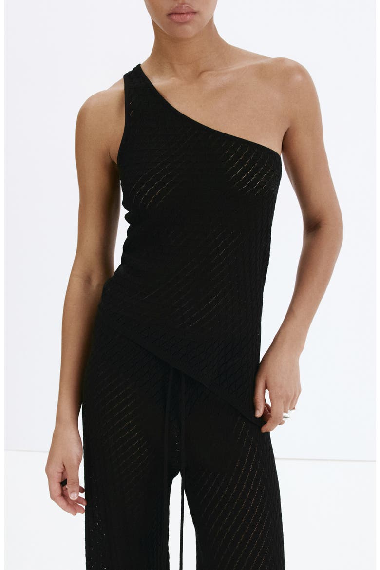 Asymmetrical Open Knit One-Shoulder Top, Main, color, BLACK