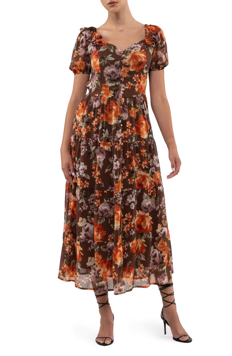 AUGUST SKY Floral Ruffle Trim Maxi Dress, Main, color, Mocha Multi