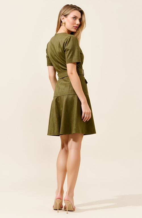 Modenaire Short Sleeve Mini Dress With Belted Waist And Utility Pockets In Green