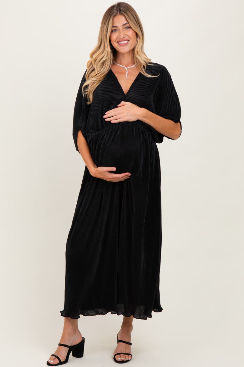 Pleated Satin Dolman Sleeve Maxi Dress, Main, color, Black