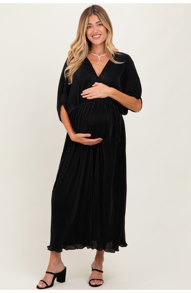 PinkBlush Pleated Satin Dolman Sleeve Maxi Dress, Main, color, Black