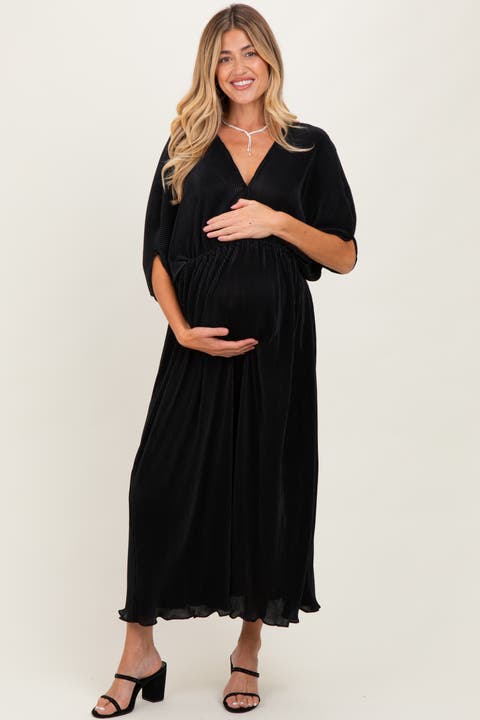 Pleated Satin Dolman Sleeve Maxi Dress