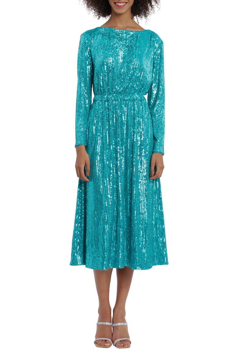 Long Sleeve Sequin Blouson Dress, Main, color, OCEAN BLUE
