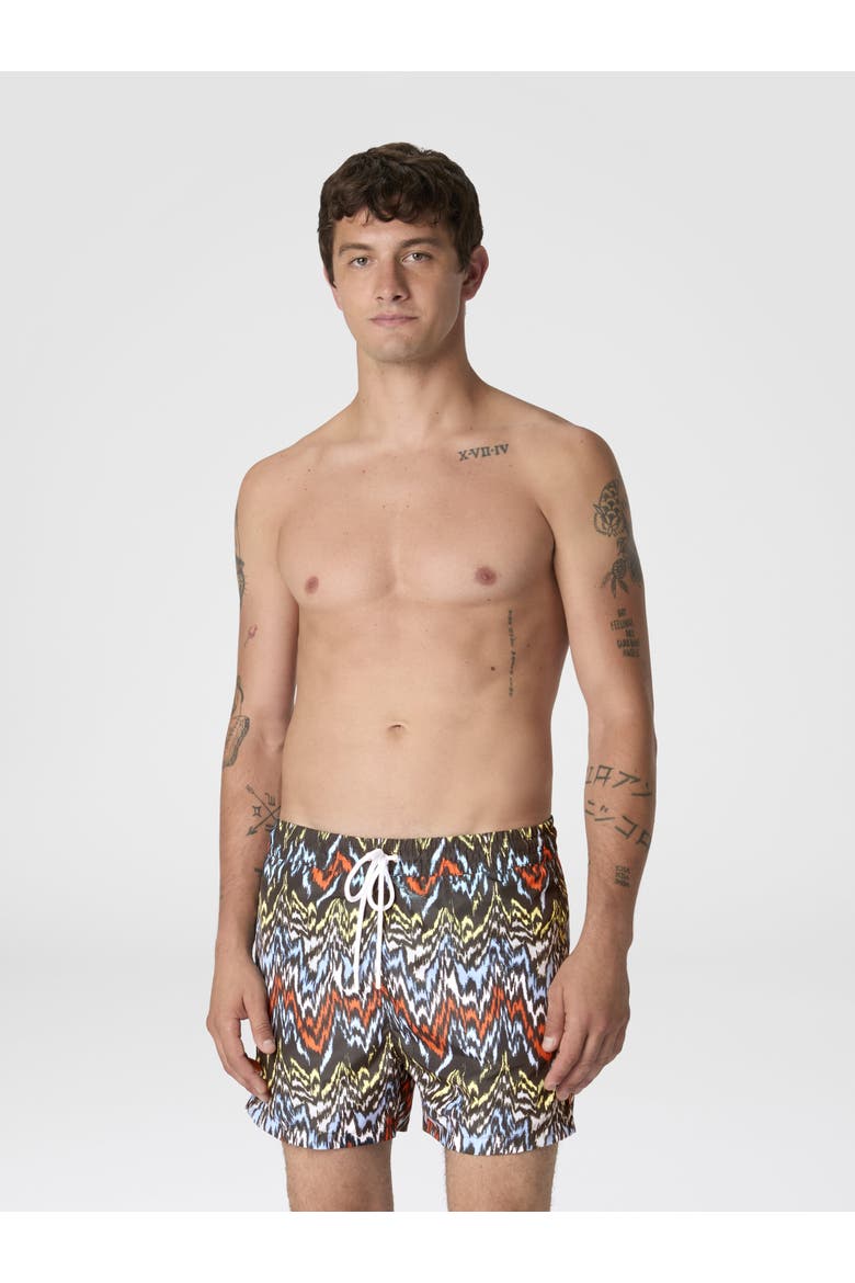Mid-length Swim Shorts With Abstract Zigzag Print, Alternate, color, Black & Multicoloured