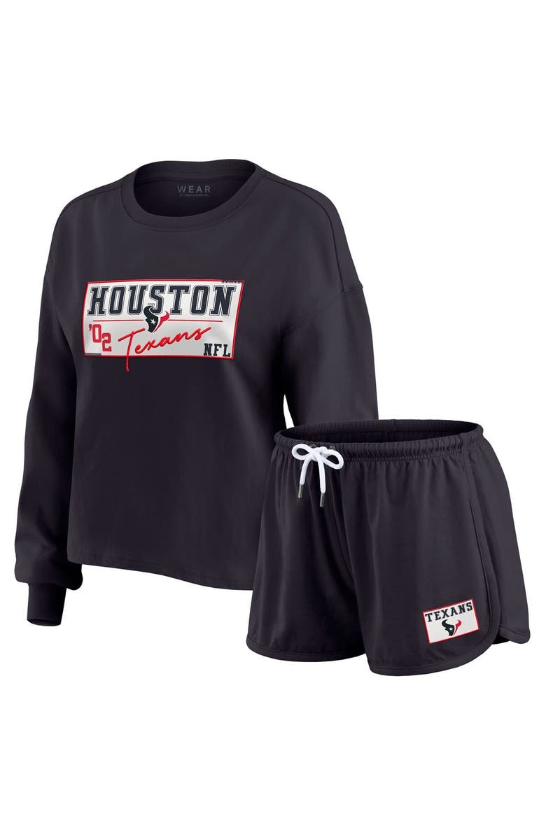 WEAR by Erin Andrews Women's WEAR by Erin Andrews Navy Houston Texans Heavy Rugby Jersey Long Sleeve T-Shirt & Shorts Lounge Set, Main, color, 