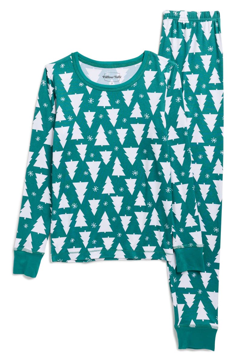 Pillow Talk Matching Family Print Long Pajamas, Main, color, Green- White Merry Trees