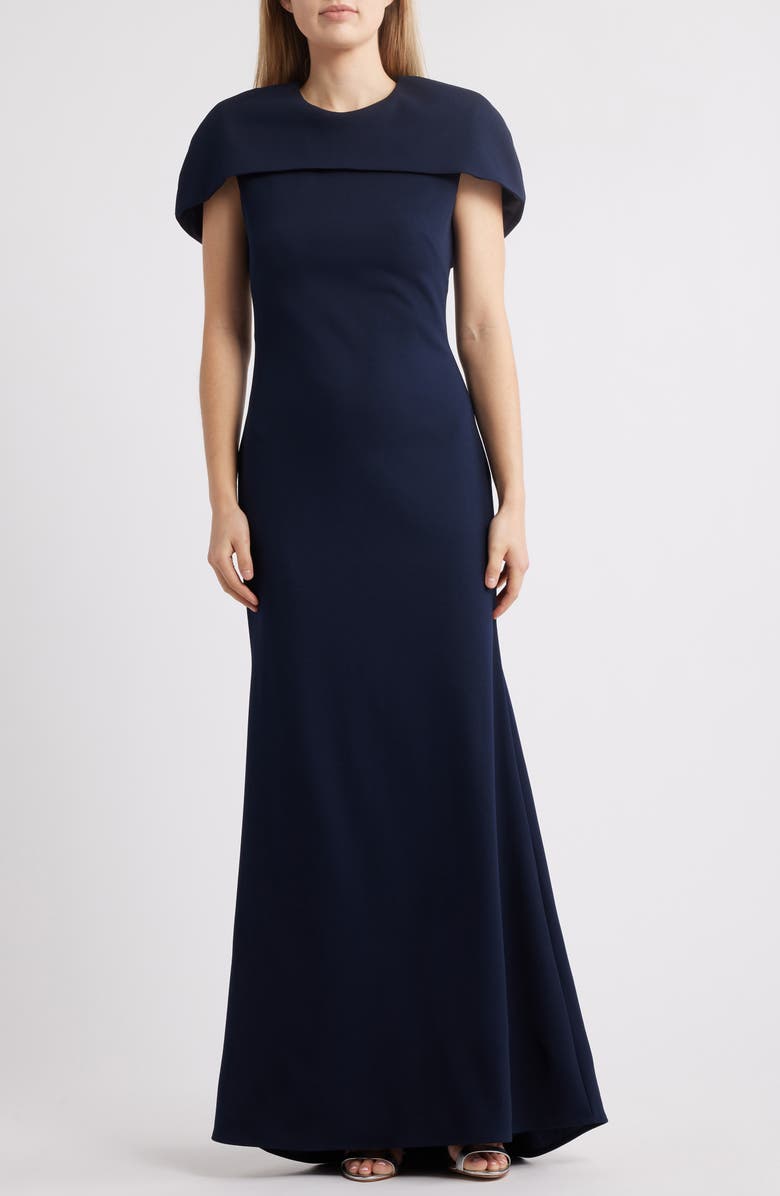 Betsy & Adam Cape Short Sleeve Scuba Crepe Gown, Main, color, Navy