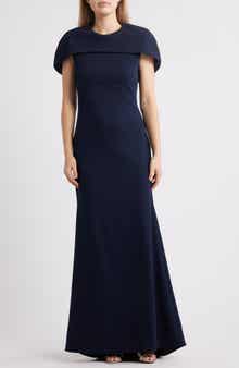 Betsy & Adam Cape Short Sleeve Scuba Crepe Gown