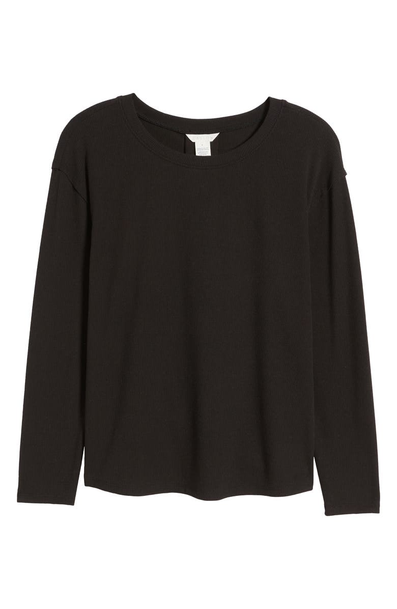 Caslon<sup>®</sup> Pleat Black Long Sleeve Rib Top, Alternate, color,