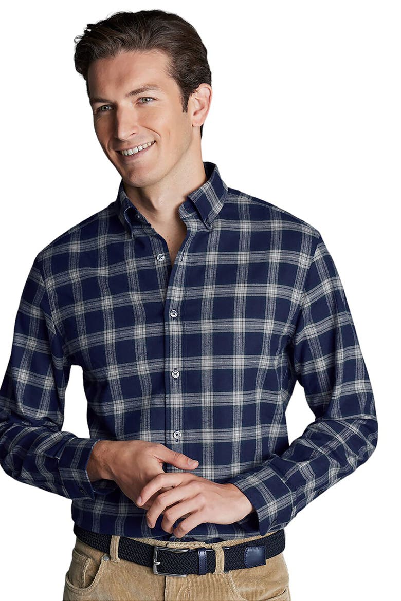 Slim Fit Button-Down Collar Brushed Flannel Check Shirt, Alternate, color, French Blue