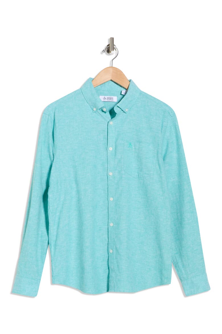 Linen Blend Woven Solid Button-Down Shirt, Alternate, color, ATLANTIS