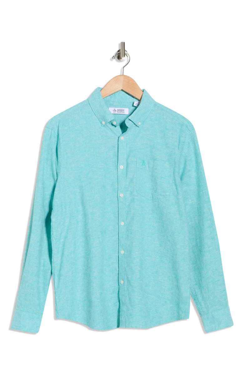 Original Penguin Linen Blend Woven Solid Button-Down Shirt, Alternate, color, Atlantis