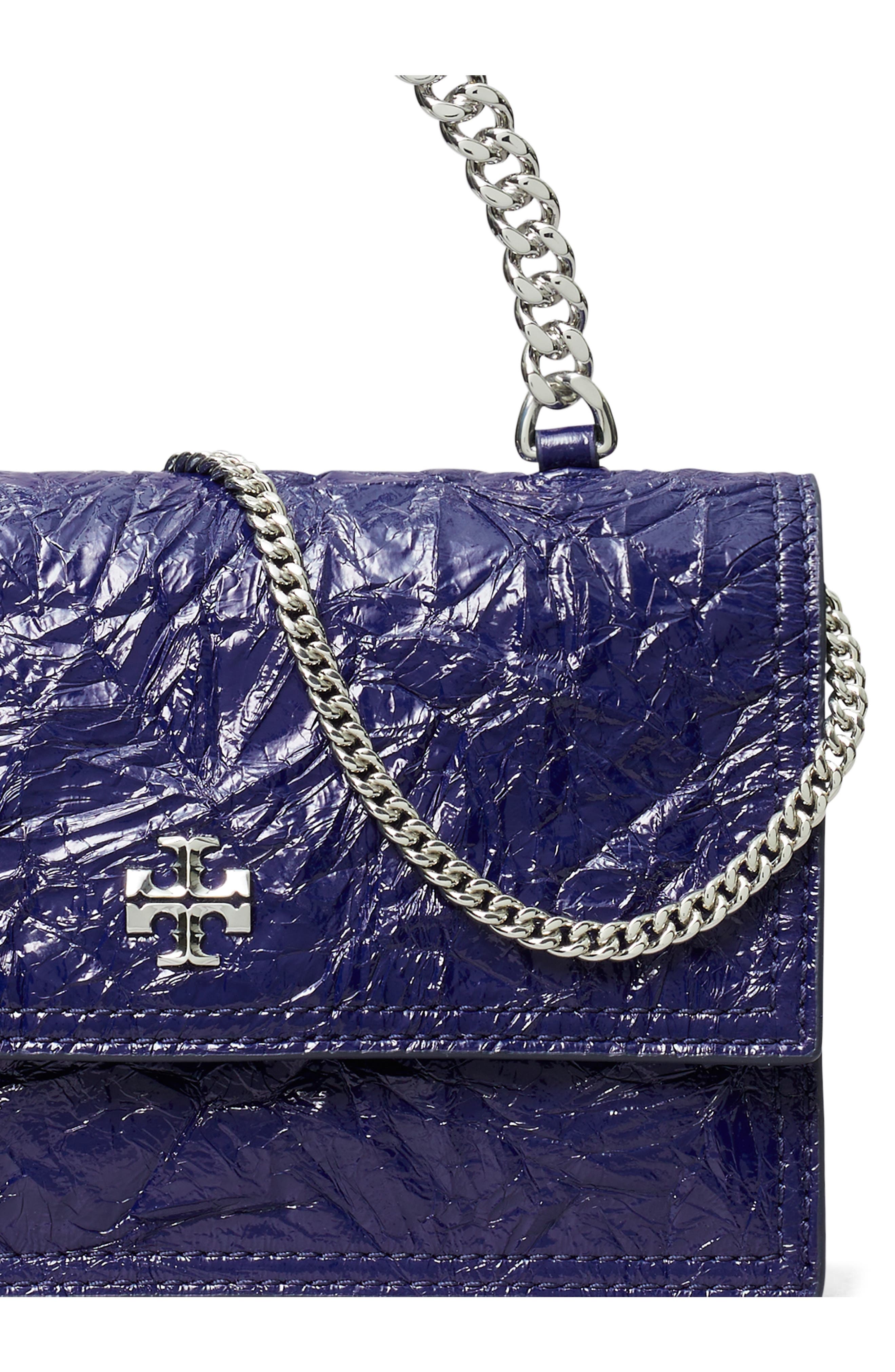 Tory Burch Kira Distressed Mini Top Handle Wallet on a Chain, Alternate, color, Ballpoint Blue