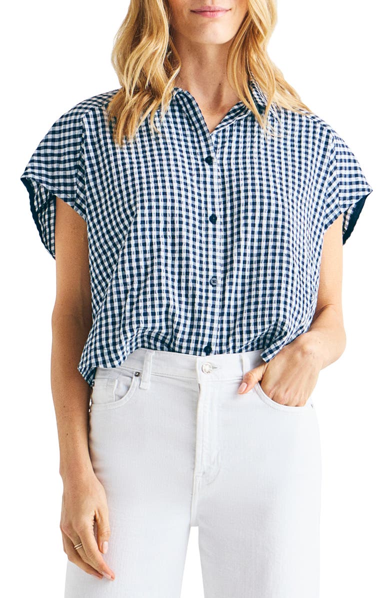 Splendid Gabrielle Cotton Blend Gingham Button-Up Shirt, Alternate, color, Navy/White