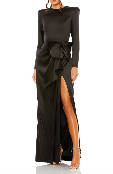 Long Sleeve Structured Bow Draped Gown