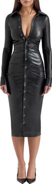 HOUSE OF CB Viola Long Sleeve Faux Leather Midi Dress