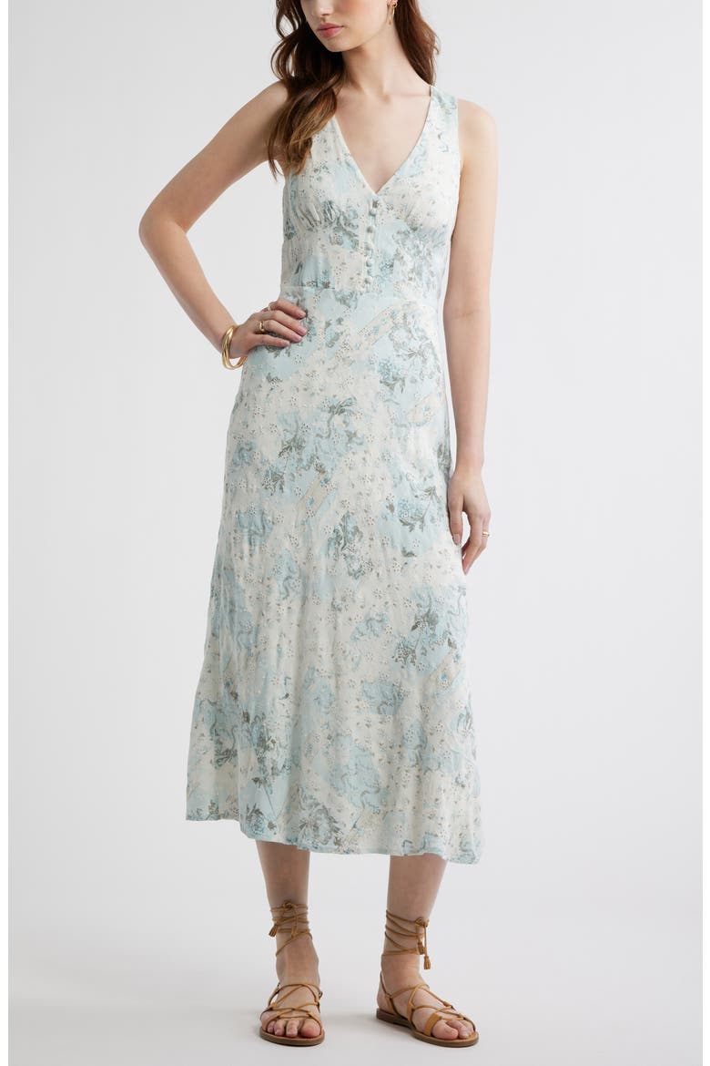 Embroidered Bias Cut Midi Dress, Main, color, BLUE WALLPAPER COLLAGE