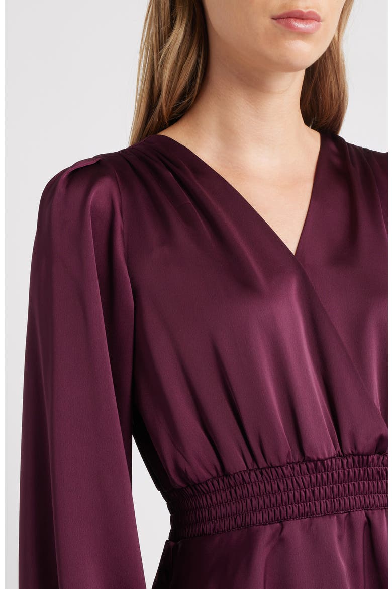 Long Sleeve Tiered High-Low Satin Dress, Alternate, color, DARK CHIANTI