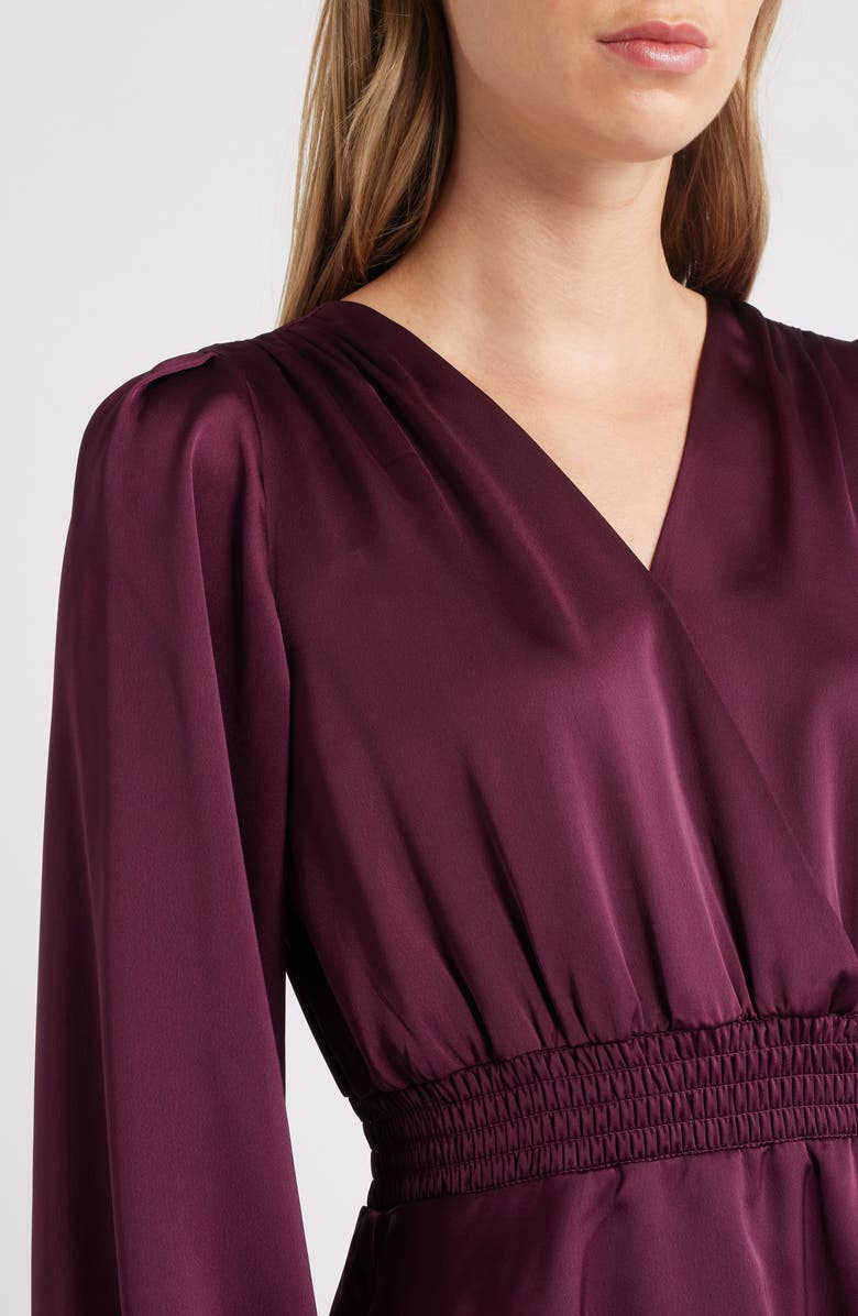 Anne Klein Long Sleeve Tiered High-Low Satin Dress, Alternate, color, Dark Chianti