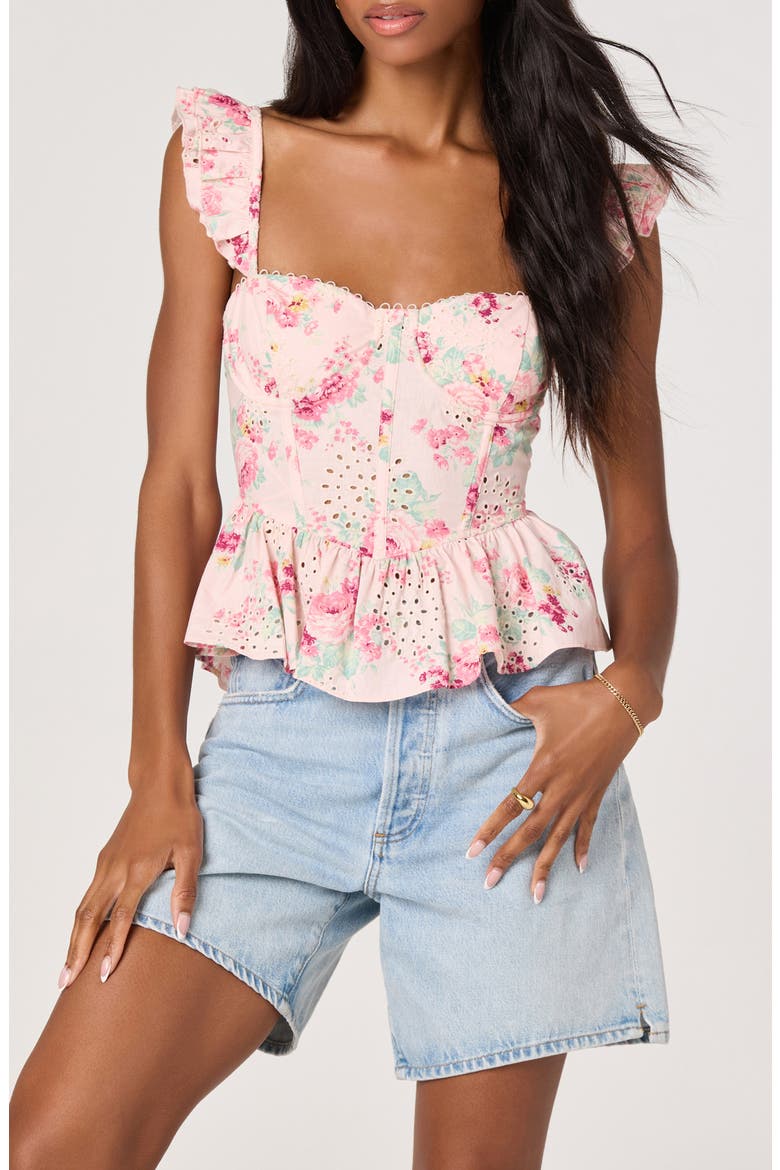 Baylin Floral Eyelet Lace-Up Back Peplum Top (Women) | Nordstrom