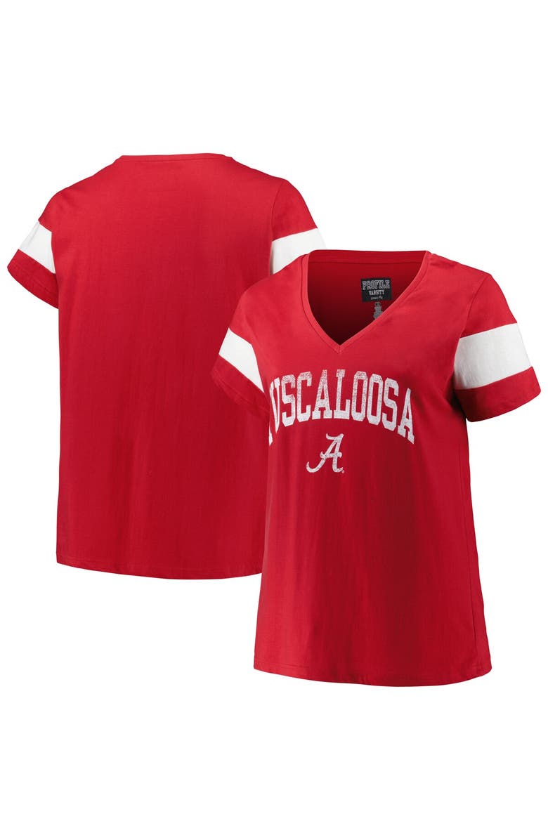 PROFILE Women's Profile Heather Crimson Alabama Crimson Tide Plus Size Arched City Sleeve Stripe V-Neck T-Shirt, Main, color, Crimson