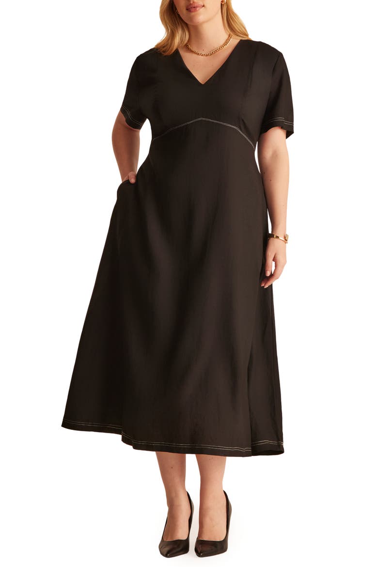 Alena Linen Blend Midi Dress, Main, color, BLACK