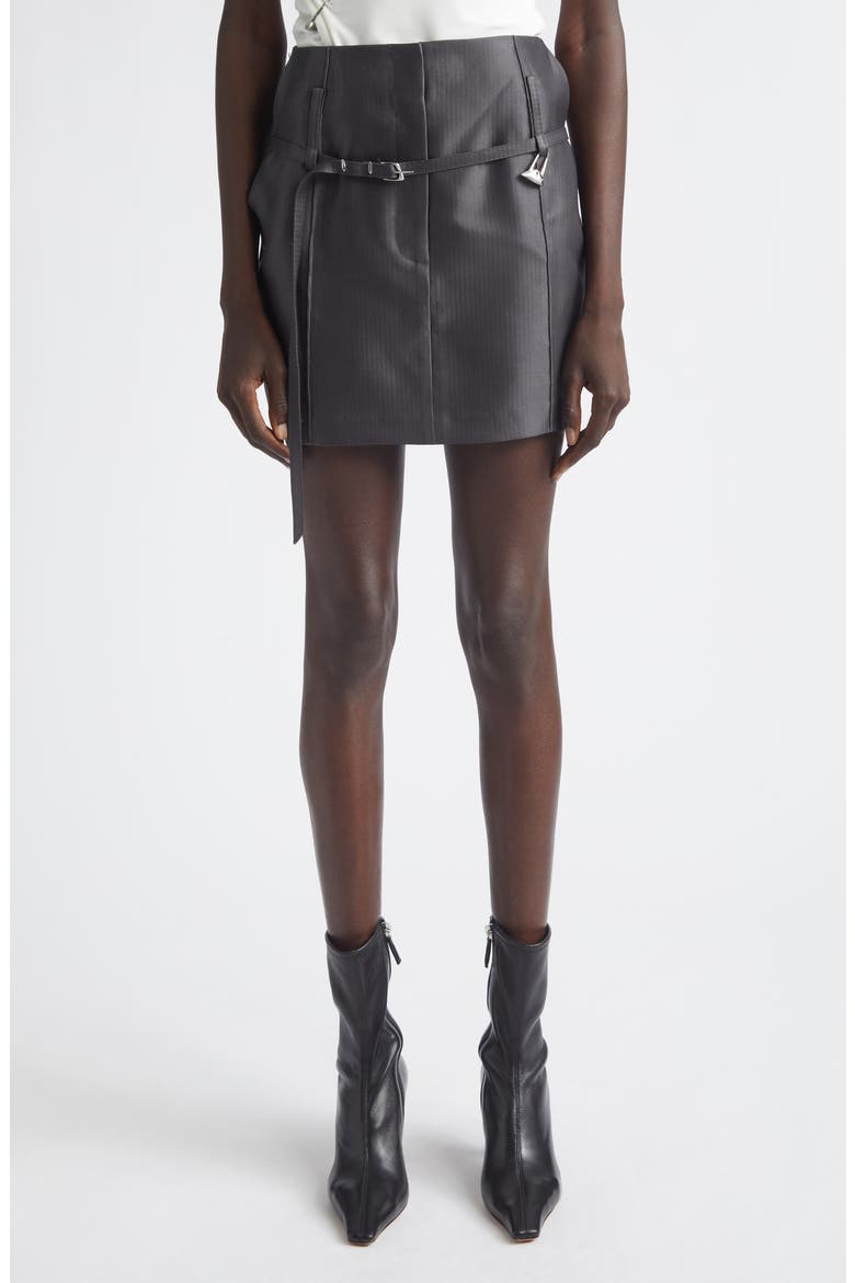 Relics Belted Wool Blend Satin Miniskirt, Main, color, DARK GREY