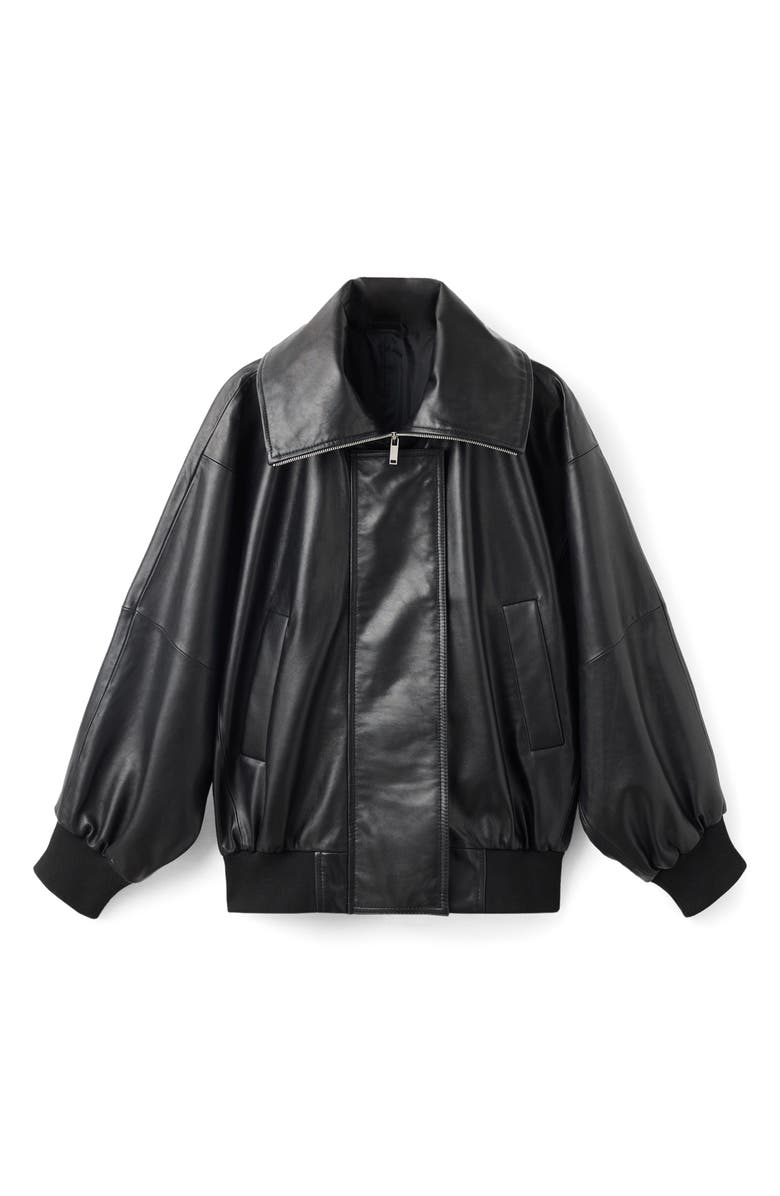 MANGO Selection Oversize Leather Bomber Jacket, Main, color, Black