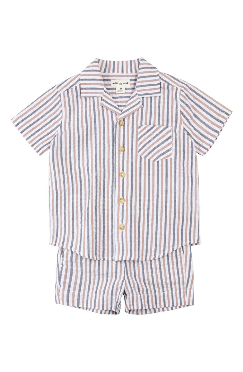 MILES THE LABEL Stripe Organic Cotton Seersucker Button-Up Shirt & Shorts Set, Main, color, Camel