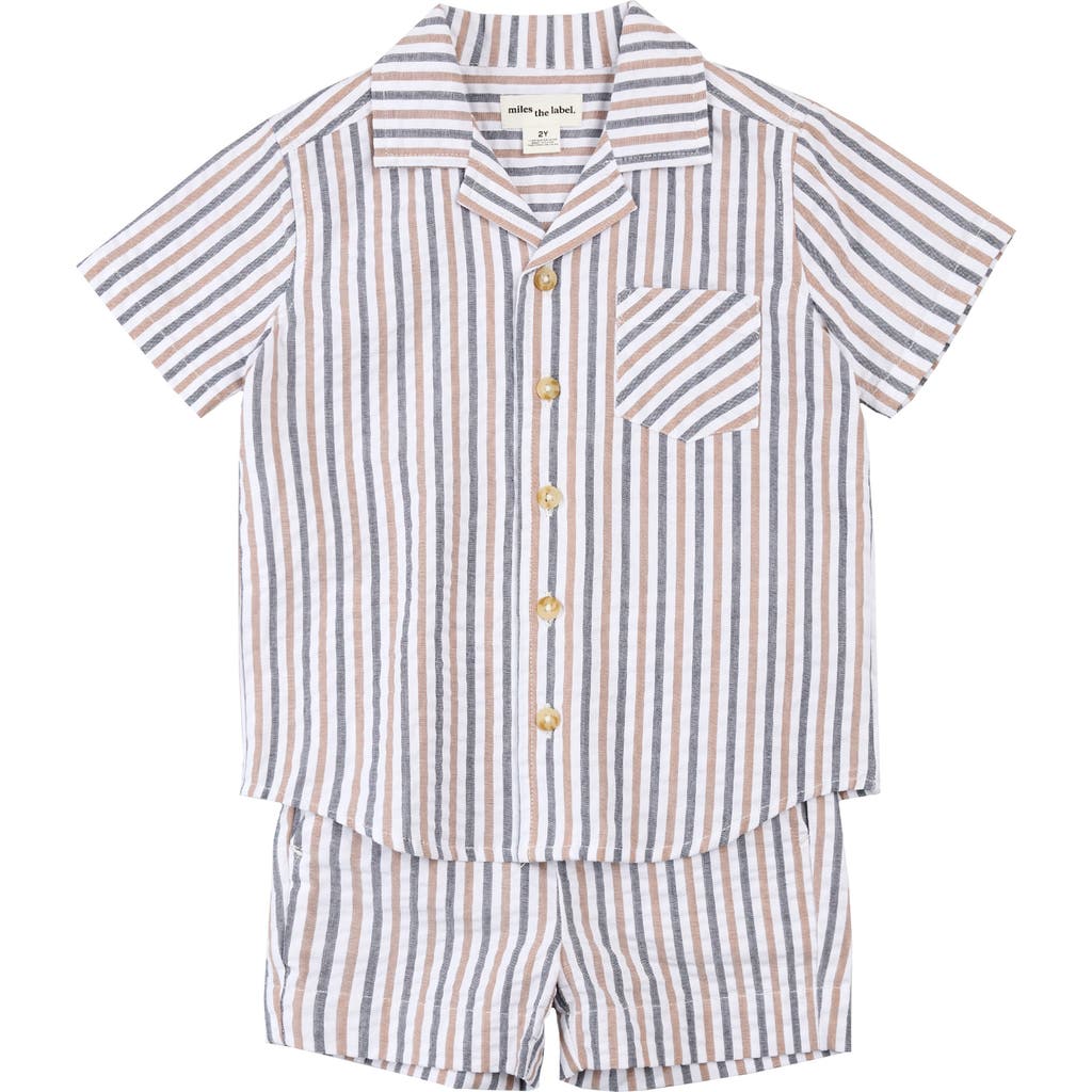 Shop Miles The Label Stripe Organic Cotton Seersucker Button-up Shirt & Shorts Set In Camel