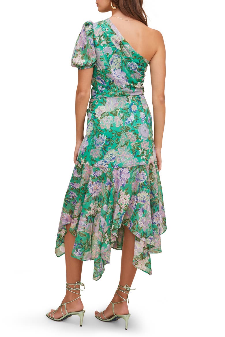 Santorini One Shoulder Asymmetrical Midi Dress, Alternate, color, GREEN LILAC MULTI FLORAL