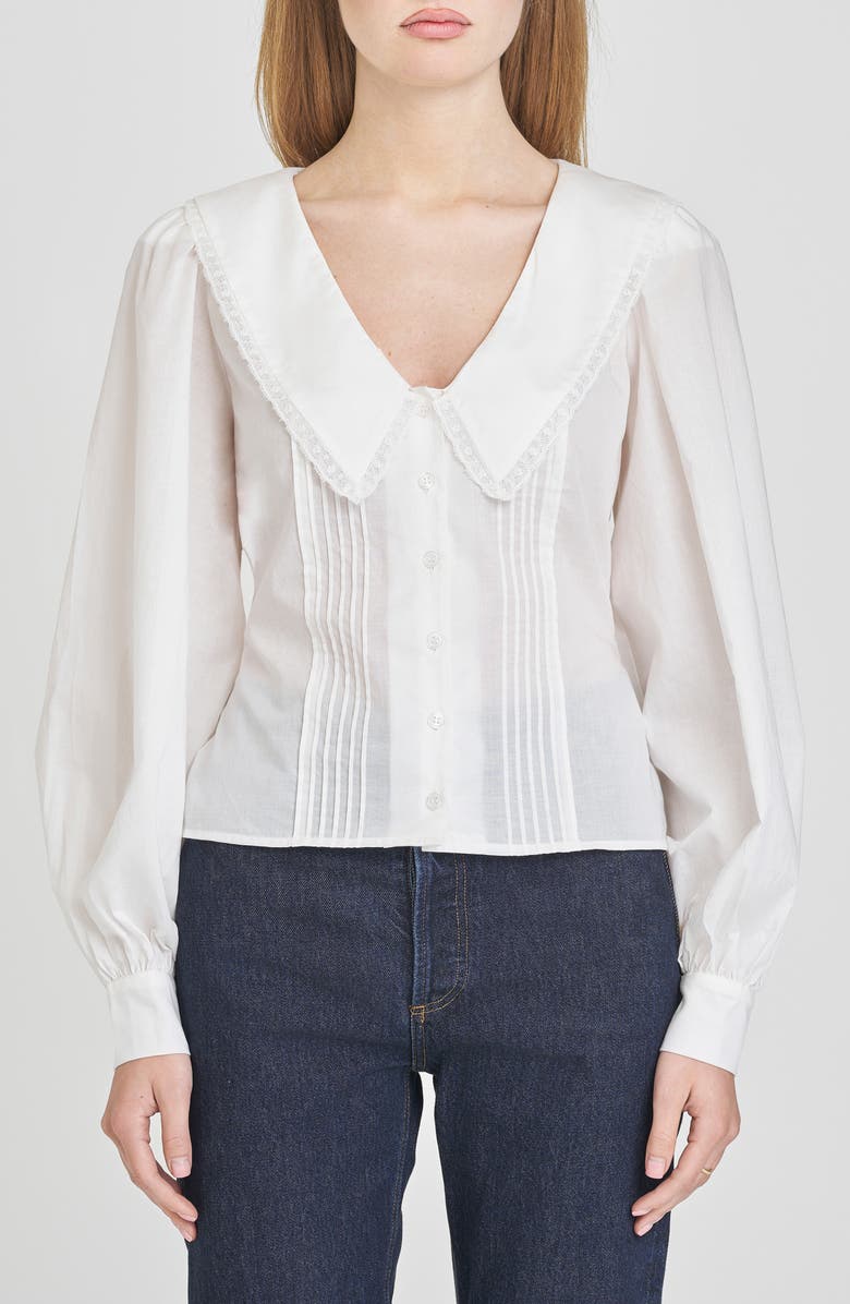 WAYF Cynthia Pintuck Pleat Lace Detail Cotton Button-Up Shirt, Main, color, Ivory