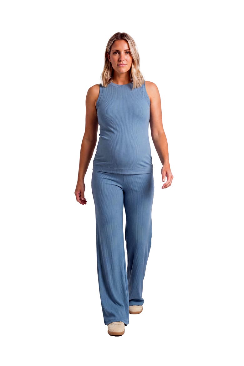 Maternity Basic Ribbed Knit Tank Top and Elastic Waist Wide Leg Pant Set, Main, color, Denim