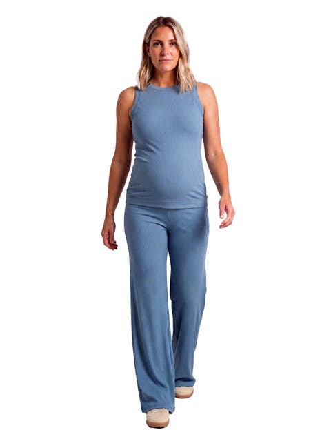 Maternity Basic Ribbed Knit Tank Top and Elastic Waist Wide Leg Pant Set